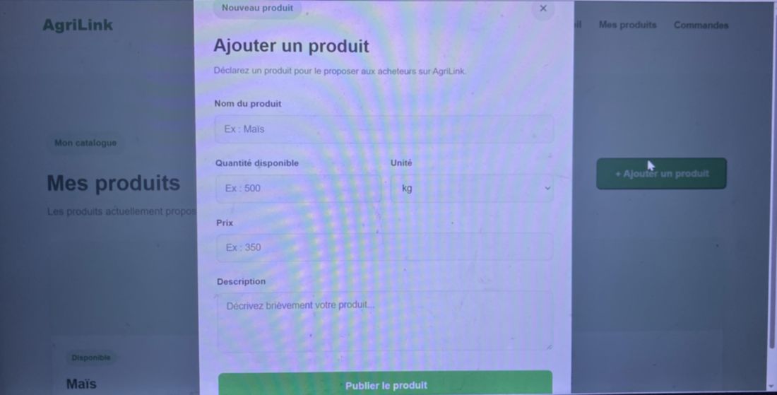 Formulaire d'ajout de produit : nom, quantité, unité, prix, description