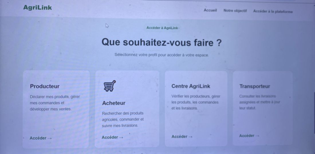 Choix du profil : Producteur, Acheteur, Centre AgriLink, Transporteur