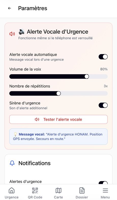 Paramètres de l'alerte vocale : volume, répétitions, sirène