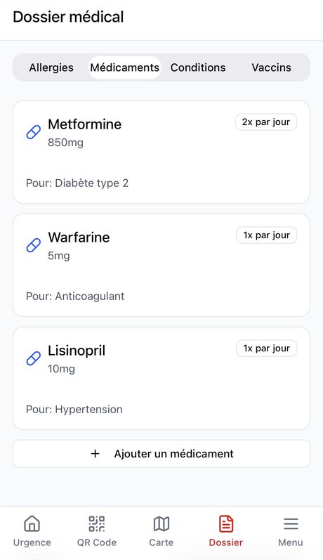 Dossier médical, onglet allergies avec niveau de sévérité