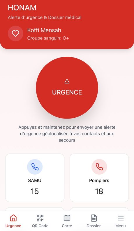 Écran d'accueil HONAM avec grand bouton URGENCE et numéros SAMU et pompiers