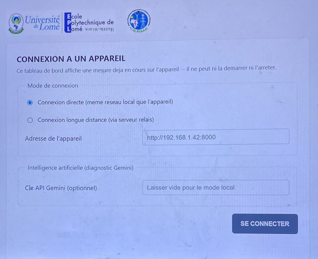 Tableau de bord web PQMS : écran de connexion à un appareil, choix entre connexion directe et longue distance, clé API Gemini optionnelle